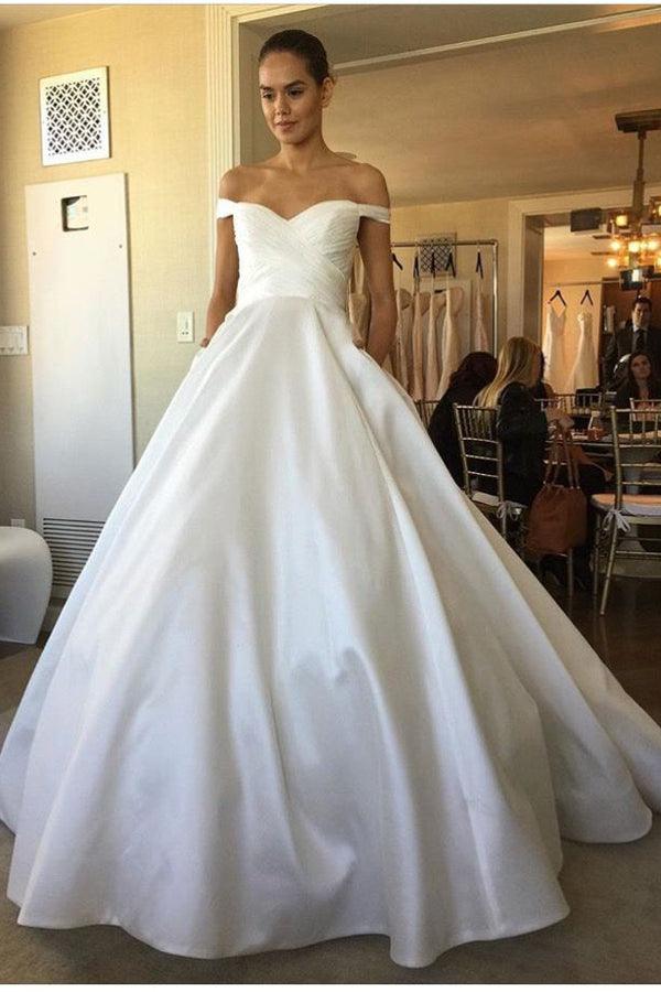 NumberSea Vintage Sweetheart Ivory Satin Wedding Dresses with Pockets,MW414
