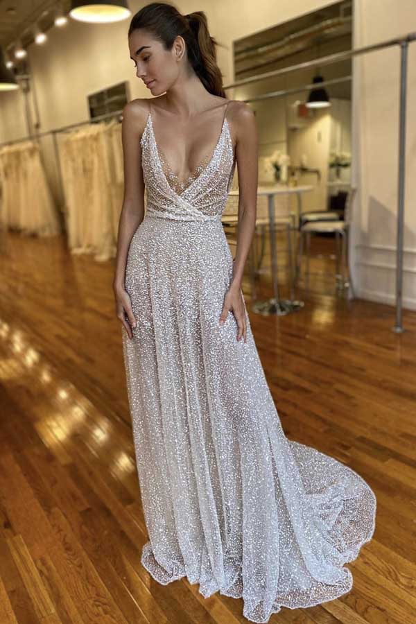 Gorgeous V-neck Spaghetti Straps Sequins Wedding Dresses with Train,Boho Beach Wedding Dresses