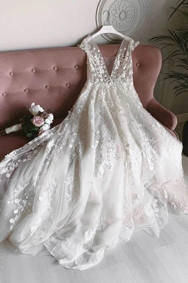NumberSea White Tulle V-neck Sleeveless Open Back Long Lace Flower Wedding Dresses,MW462
