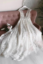 NumberSea White Tulle V-neck Sleeveless Open Back Long Lace Flower Wedding Dresses,MW462