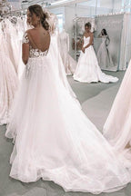 NumberSea V-neck Ball Gown Wedding Dress with Short Sleeves Backless Appliqued Bridal Gown,MW464