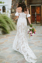 NumberSea Sheath Off the Shoulder White Lace Long Wedding Dresses,Half Sleeves Wedding Dresses,MW480