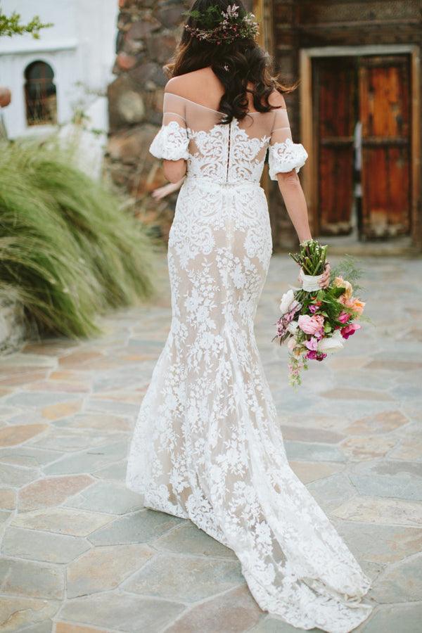 NumberSea Sheath Off the Shoulder White Lace Long Wedding Dresses,Half Sleeves Wedding Dresses,MW480