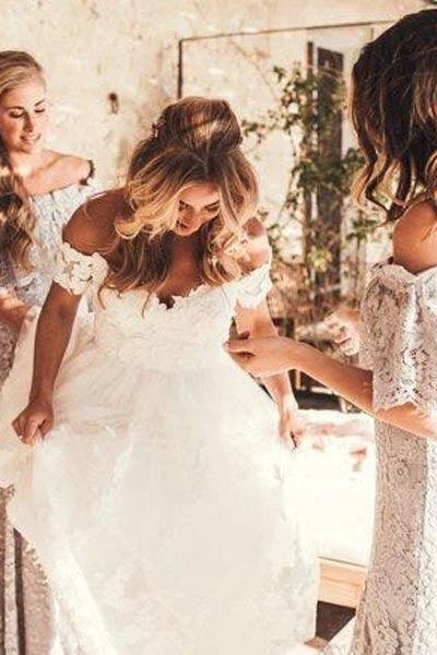 NumberSea Rustic Ivory Lace Wedding Dresses Off the Shoulder Beach Wedding Dresses,MW490