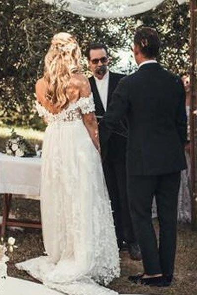 NumberSea Rustic Ivory Lace Wedding Dresses Off the Shoulder Beach Wedding Dresses,MW490