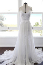 NumberSea Sweetheart White Chiffon Spaghetti Strap Lace Beach Wedding Dresses,MW498