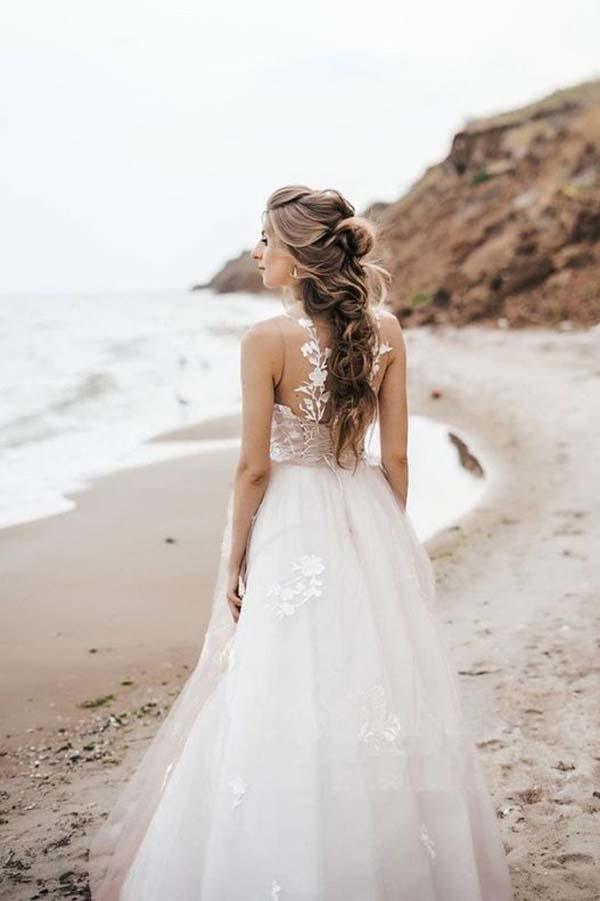 NumberSea Vintage A Line Tulle Lace Illustion Neckline Corset Back Wedding Dresses, MW508
