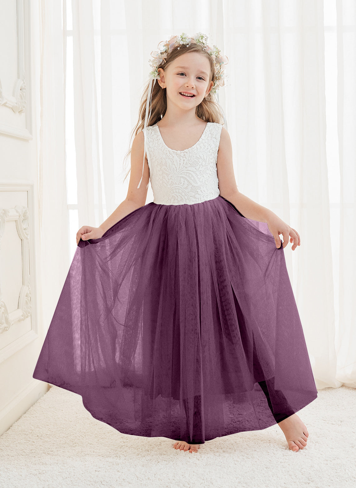 A-line Lace Tulle Ankle-length White Dress (2003227597)