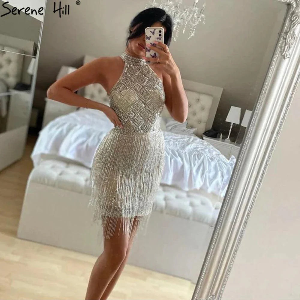 On Sale  no return no refund Mermaid Tassel Luxury Halter Rhinestones Evening Dress Pageant Gown Sleeveless Mermaid Split Robe de Soiree Serene Hill LA60776
