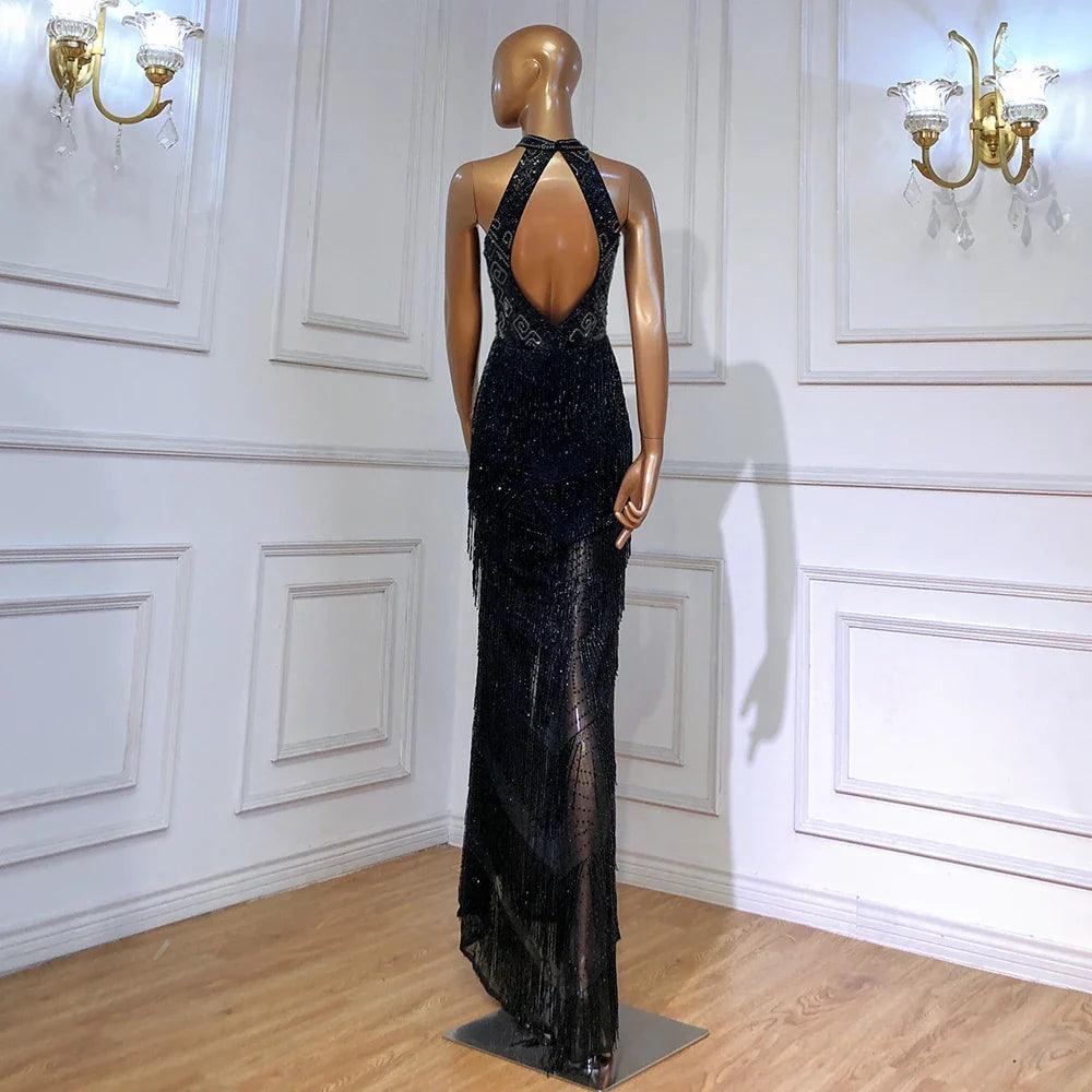 On Sale  no return no refund Mermaid Tassel Luxury Halter Rhinestones Evening Dress Pageant Gown Sleeveless Mermaid Split Robe de Soiree Serene Hill LA60776