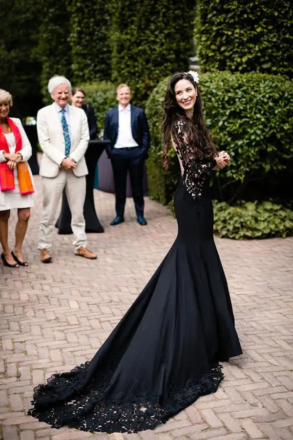 Mermaid Floral Black Wedding Dress Long Sleeve Wedding Gown
