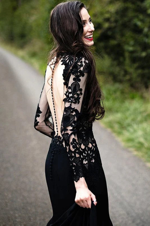 Mermaid Floral Black Wedding Dress Long Sleeve Wedding Gown