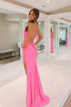 Mermaid Red Lace Long Prom Dresses Evening Dresses With Slit