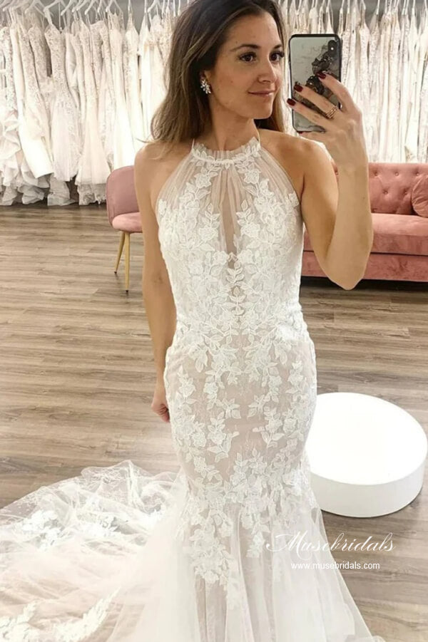 Mermaid Tulle Halter Sleeveless Lace Appliques Wedding Dresses
