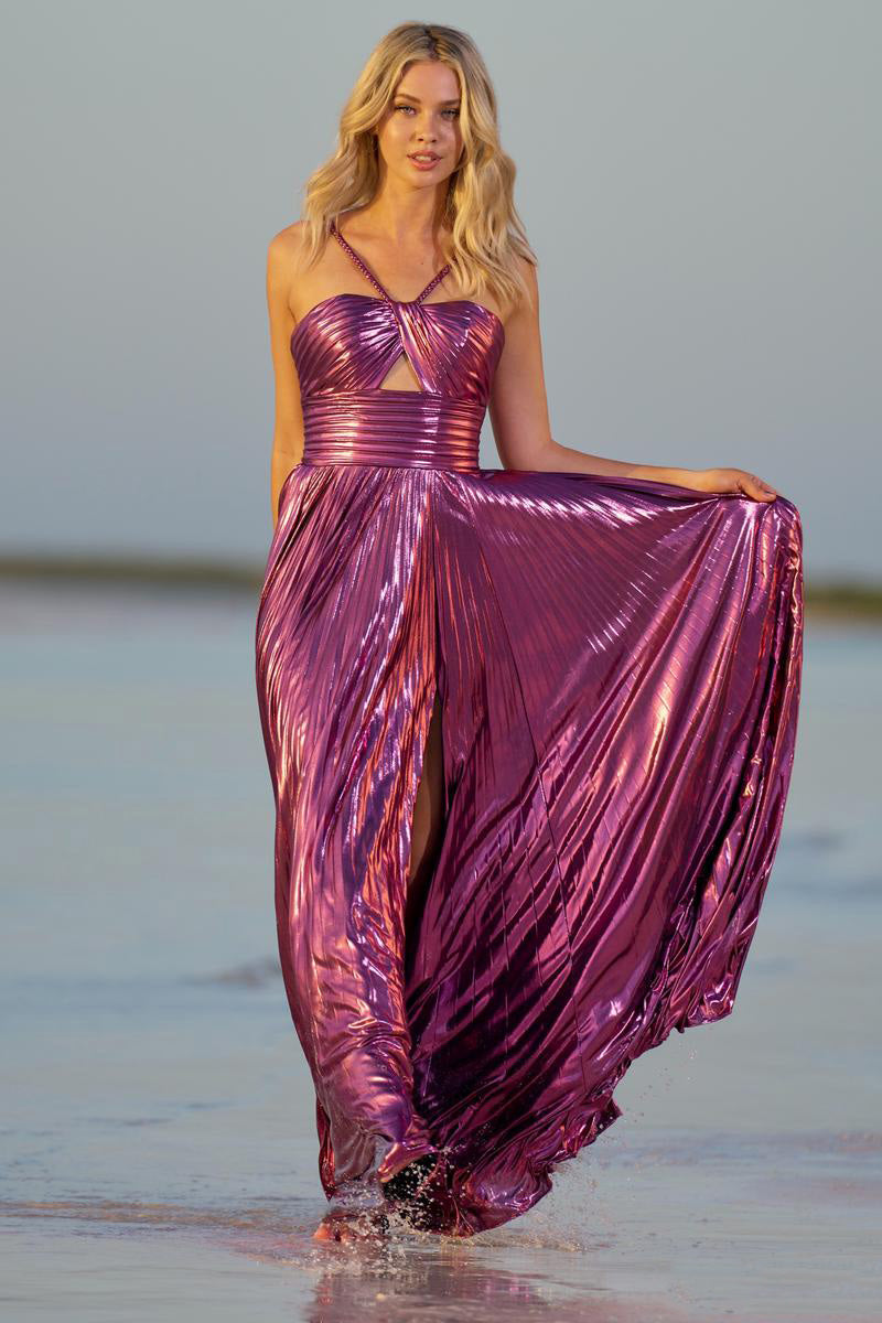 Metallic Strapless Pleated Prom Dresses with Crisscross Thin Straps Cutout Front Slit for Prom and Red Carpet