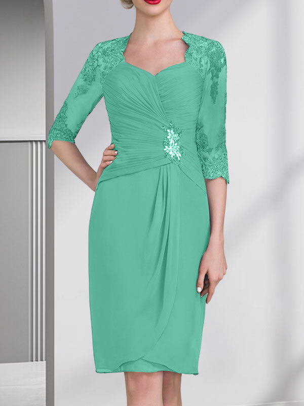 Sheath/Column Sweetheart Knee-Length Chiffon Mother of the Bride Dress With Beading Appliques Lace Sequins Pleated