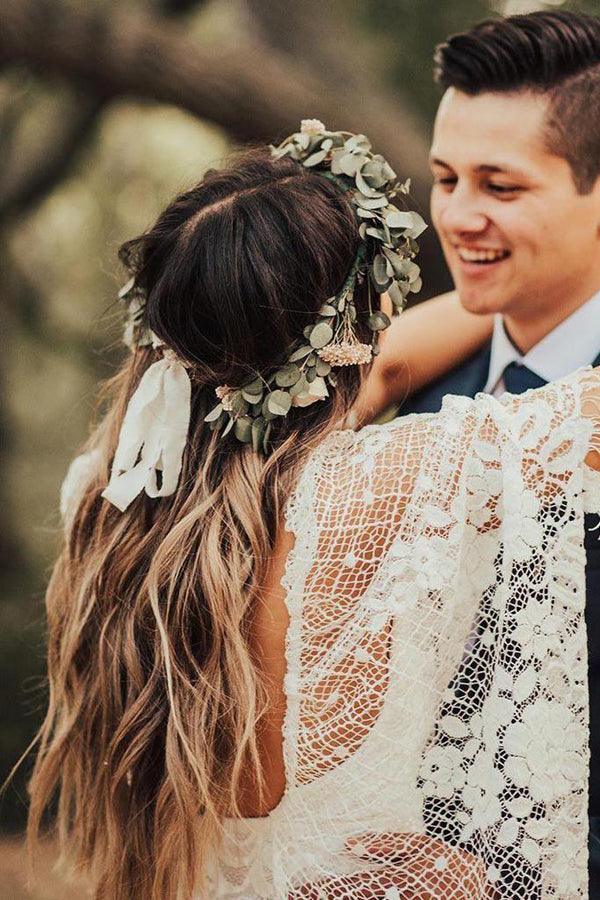 NumberSea Sheath Boho Batwing Sleeve Lace Rustic Ivory Wedding Dresses ,MW276