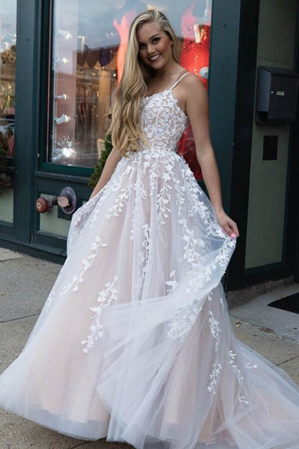 Tulle Spaghetti Straps Scoop A-Line Prom Dresses with Appliques