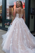 Tulle Spaghetti Straps Scoop A-Line Prom Dresses with Appliques