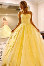 Tulle Spaghetti Straps Scoop A-Line Prom Dresses with Appliques