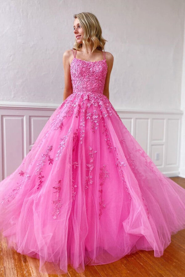 Tulle Spaghetti Straps Scoop A-Line Prom Dresses with Appliques