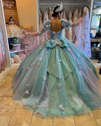 Lilac 3D Flowers Ball Gown Quinceanera Dresses Puff Long Sleeves  Y6580