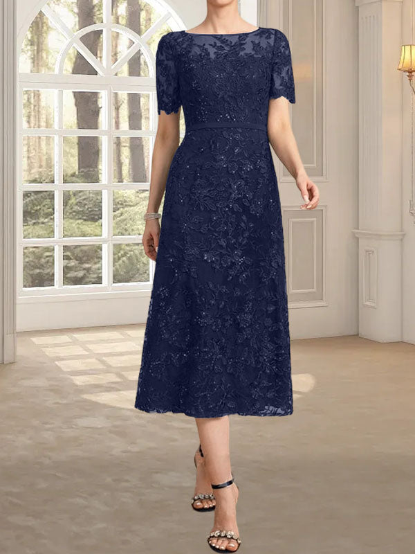 A-line Scoop Illusion Tea-Length Lace Mother of the Bride Dress With Sequins
