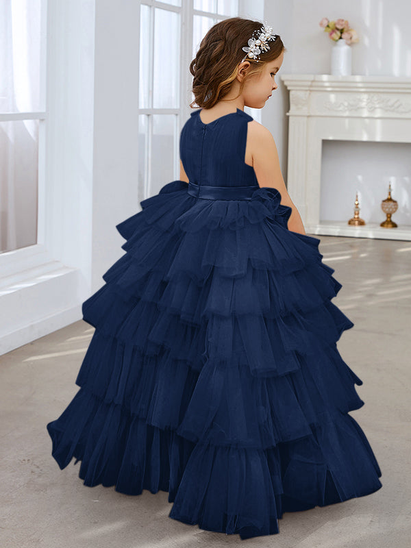 Ball-Gown/Princess Pearl Pink Sleeveless Tulle Bow Flower Girl Dress (010220814)