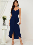Spaghetti Chiffon V Neck Bridesmaid Dress Mid-Length Slit Formal Prom Dress Homecoming Dress 2803