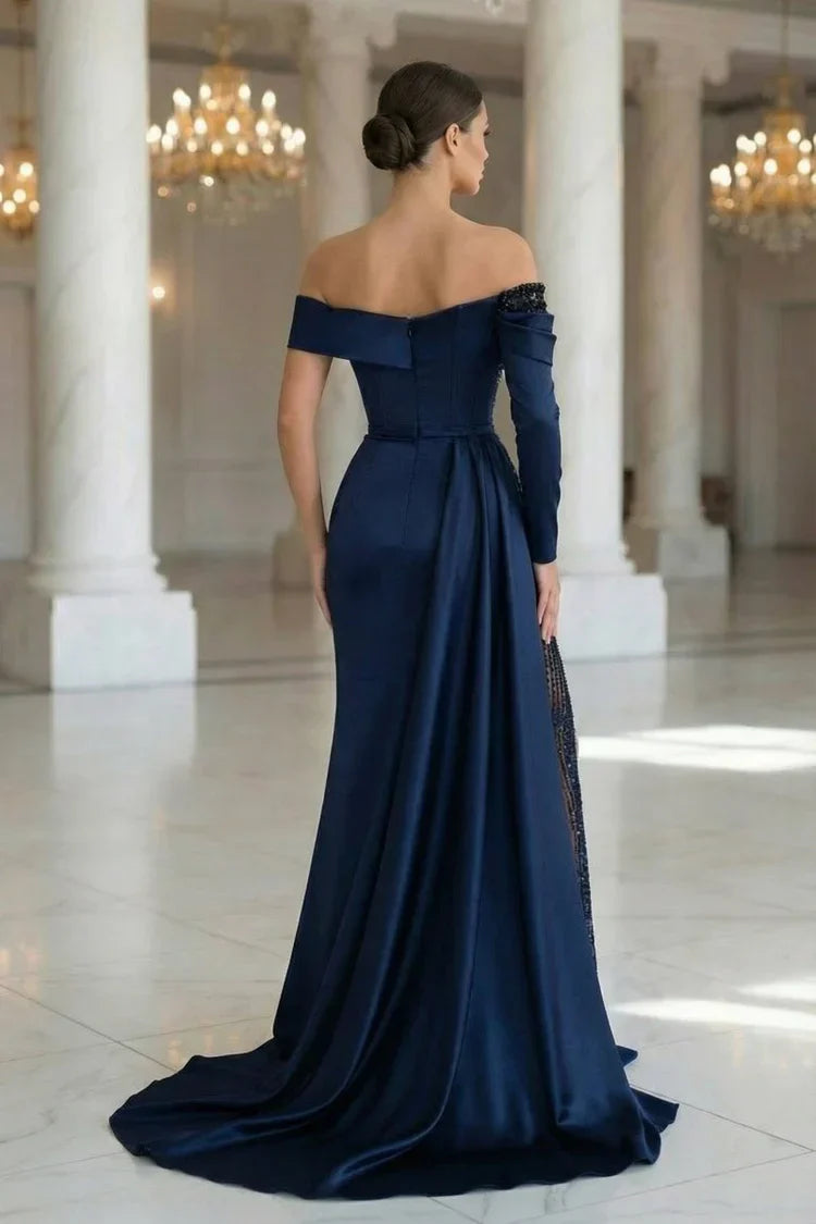 Off Shoulder Beaded Illusion Slit Satin Mermaid Prom Dresses
