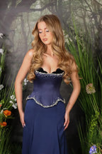 Strapless Satin Prom Dresses with Beaded Bodice Velvet Trim Cape Train for Prom and Red Carpet