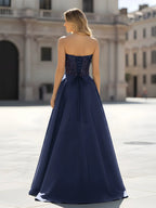 Satin Maxi Prom Dresses with Strapless Sequin Corset Bodice Lace-Up Back High Slit for Prom and Red Carpet