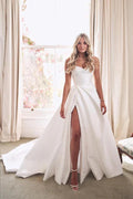 New Arrival A Line Satin Strapless With Court Wedding Dresses