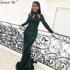 On Sale No Return No Refund  New Designer Green High Neck Sexy Evening Dresses Sequined Long Sleeves Fashion Luxury For Women Party LA6314