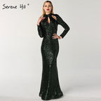 On Sale No Return No Refund  New Designer Green High Neck Sexy Evening Dresses Sequined Long Sleeves Fashion Luxury For Women Party LA6314