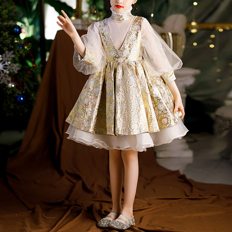 Flower Girl Dress Toddler Communion Retro Flower Puffy Princess Birthday Party Dress