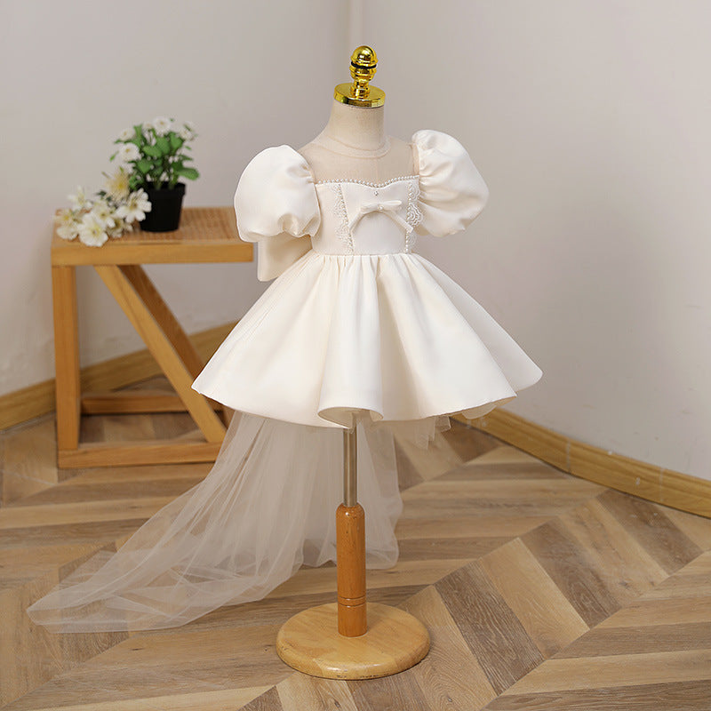 Elegant Baby Girl White Lace Puff Sleeve Bow Princess Dress Toddler First Communion Dress