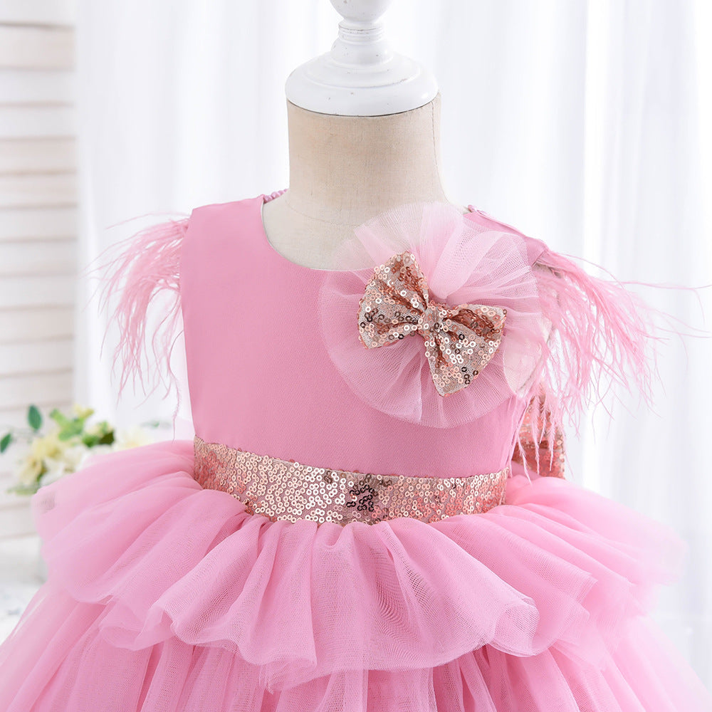 Flower Girl Dress Toddler Communion Pageant Cute Bow Princess Trailing Birthday Dress