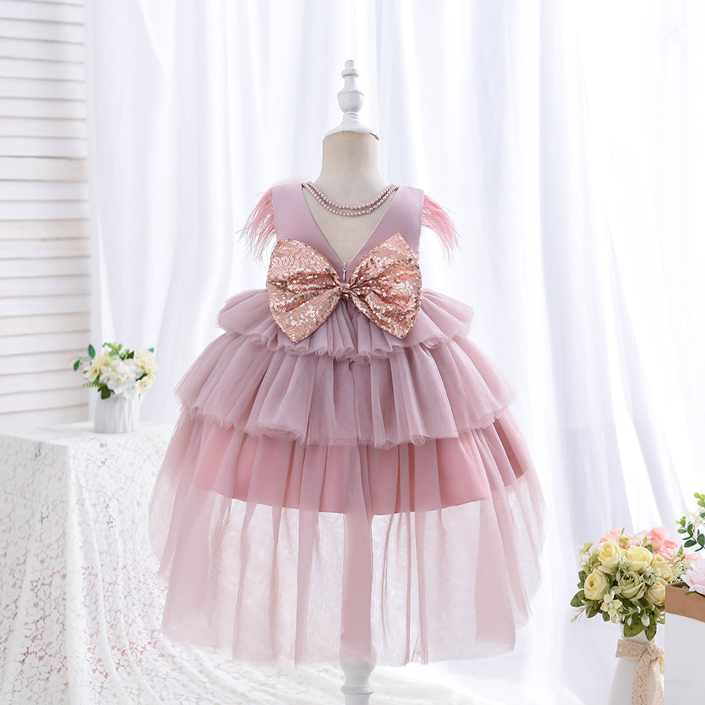 Flower Girl Dress Toddler Communion Pageant Cute Bow Princess Trailing Birthday Dress