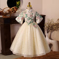 Elegant Baby Beige Buttoned Stand Collar With Embroidered Princess Dress Toddler Communion Dress