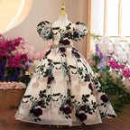 Baby Girl Dress Little Girl Communion Puff Sleeves Rose Embroidery Wedding Party Princess Dress