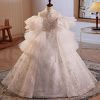 Elegant Baby Girls White Patterned Mesh Puff Princess Dress Toddler Long First Communion Dress