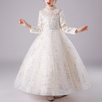 Toddler First Communion Dress Girl Elegant Long Sleeve Bow Knot Fluffy Princess Cake Pageant Dress