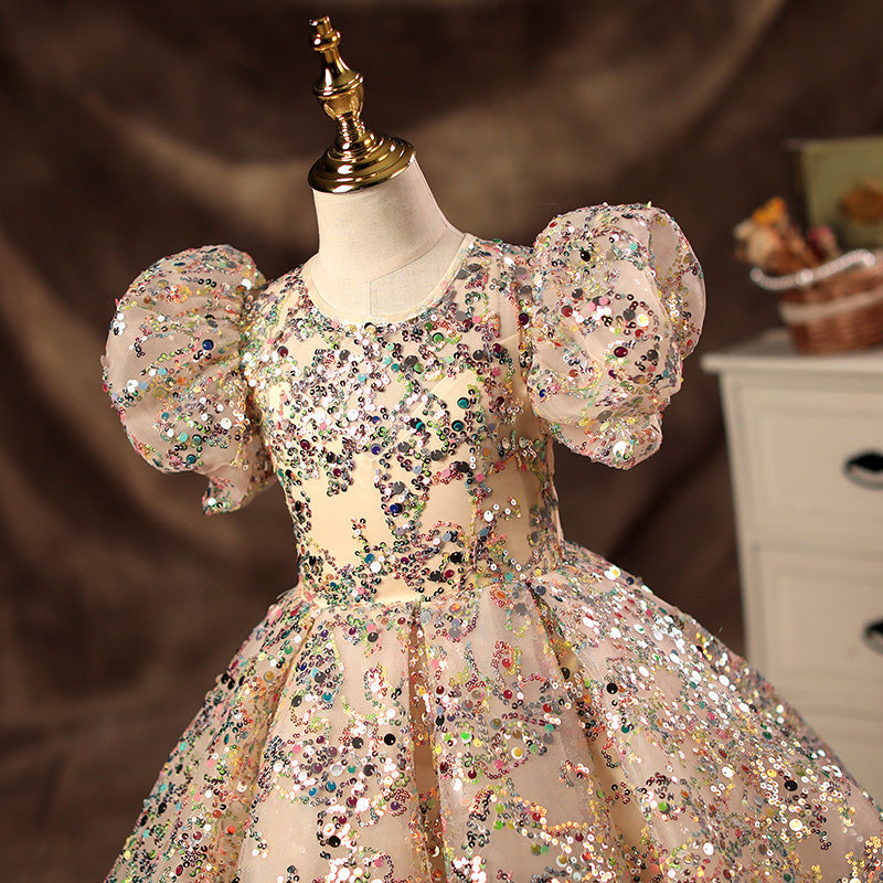 First Communion Dress Girl Pageant Princess Dress Dress Baby Girl Summer Gorgeous Puff Sleeve Sequin Formal Dress