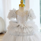 Girl First Communion Dress Children Princess Summer Gray Fluffy Cake Party Dress