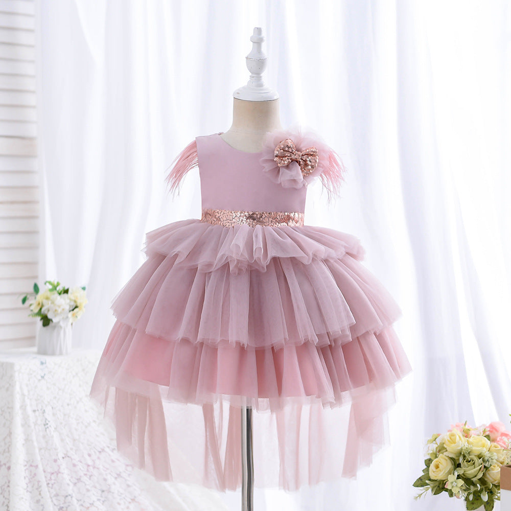 Flower Girl Dress Toddler Communion Pageant Cute Bow Princess Trailing Birthday Dress