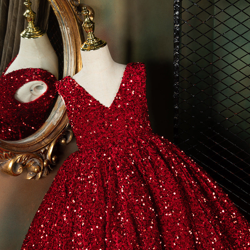 Girl Christmas Dress Luxury Red Sleeveless Trailing Sequins Fluffy Princess Communion Dress
