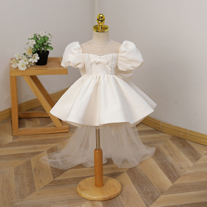 Elegant Baby Girl White Lace Puff Sleeve Bow Princess Dress Toddler First Communion Dress