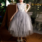 Toddler Ball Gowns Girl Flower Communion Summer Gray Sleeveless Pageant Princess Dress