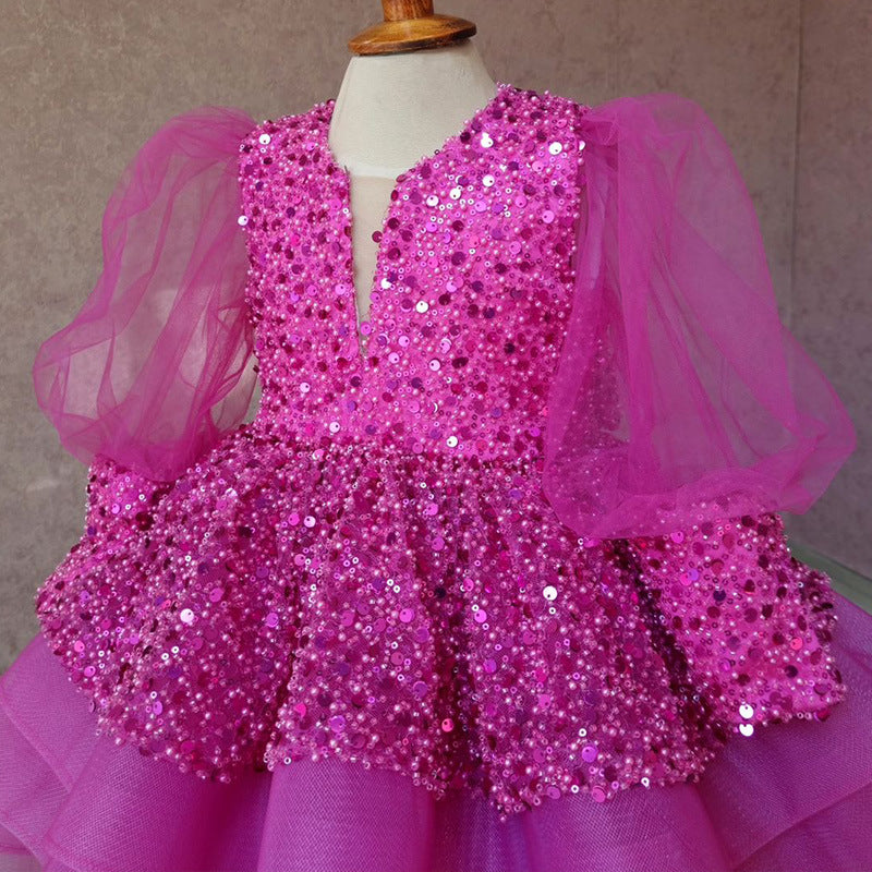 Elegant Baby Girl Sequined Mesh Puff Sleeve Puff Dress Girl Toddler First Communion Princess Dress